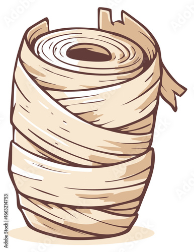 Cartoon illustration of a rolled up medical bandage or ancient mummy wrap