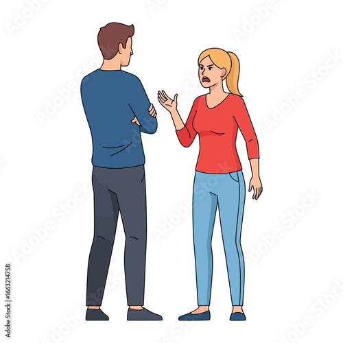 Illustration of a couple having conflict: A detailed illustration depicts a couple in the midst of an intense argument. She gestures emphatically, expressing her anger and frustration.