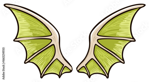 Fantasy Wings Illustration Cartoon Style Green