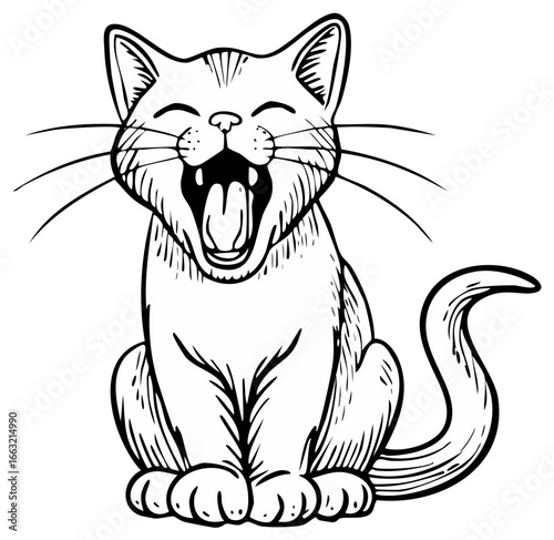Sitting cat with mouth wide open, yawning illustration