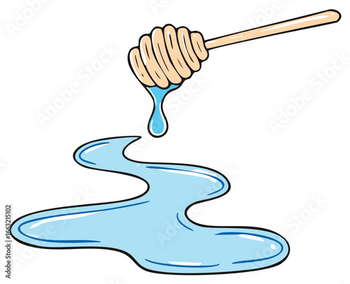 Honey dripping from dipper into puddle, sweet natural liquid illustration vector art design element, hand drawn
