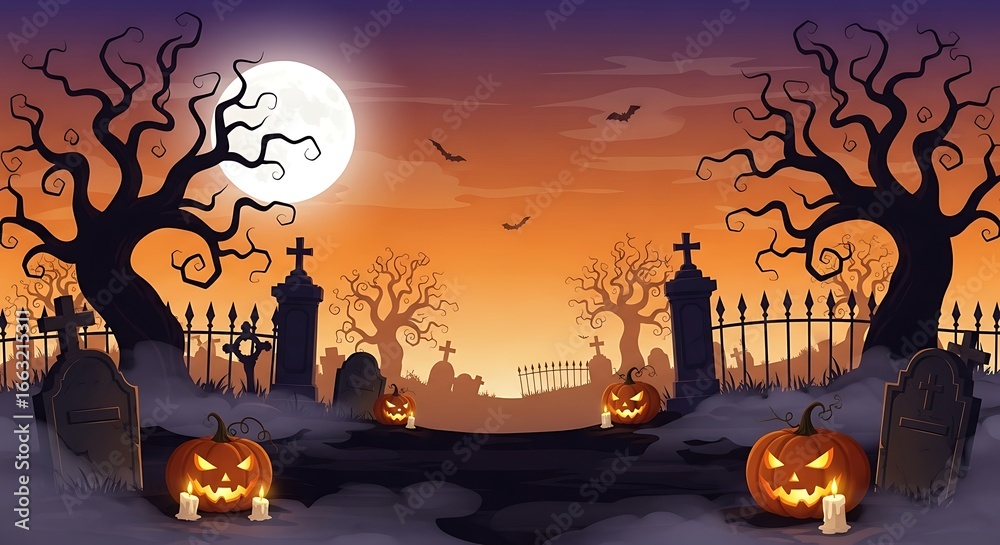 Fototapeta premium Illustrated Halloween graveyard scene with glowing pumpkins under a full moon sky.