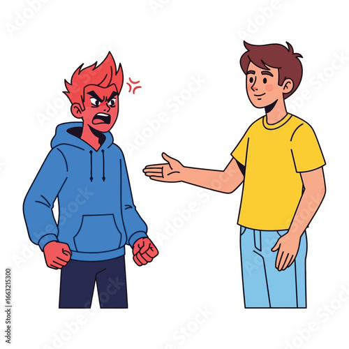Conflict Resolution: Illustration depicting an agitated individual confronting a composed peer, focusing on dialogue, emotional balance, and communication skills.