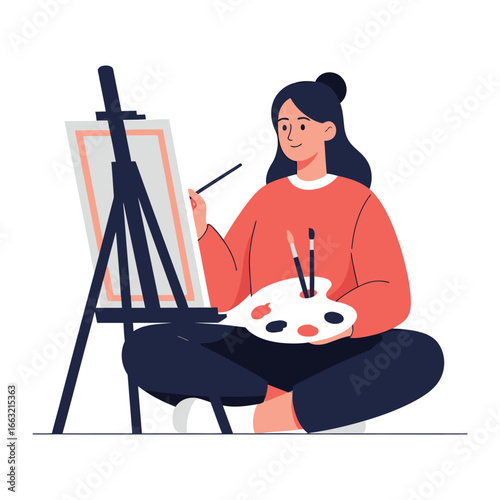 Artistic Expression: A dedicated woman, absorbed in her creative process, is portrayed in a vibrant illustration. She's seated before an easel.