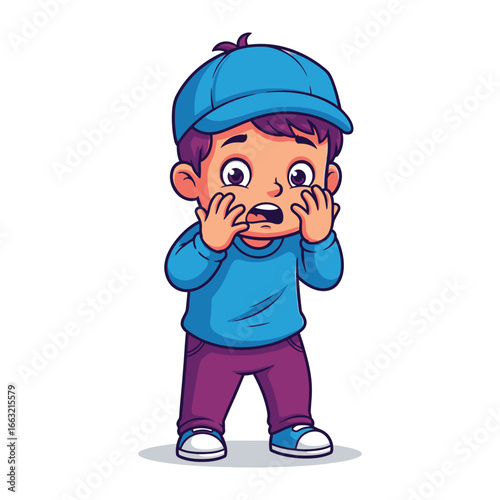 Surprised Child's Expression: A cartoon illustration captures the wide-eyed wonder and surprise on a young child's face, hands raised in a gesture of shock or awe.