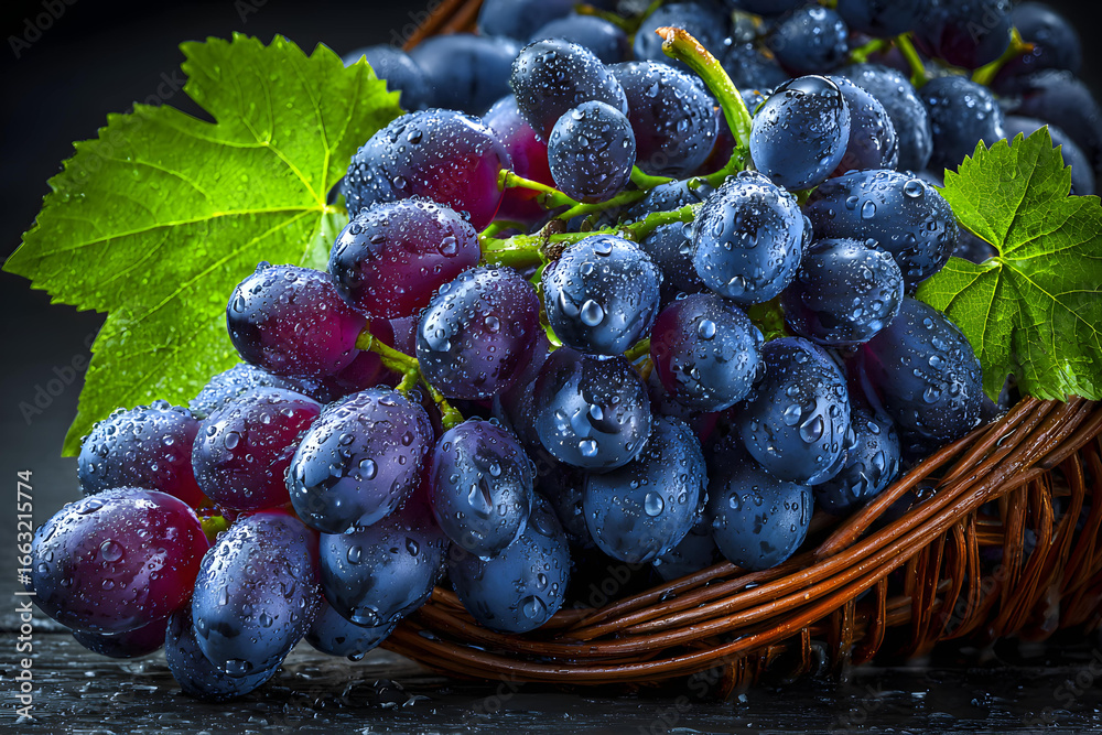 Fototapeta premium Fresh Water Droplets on Grapes in a Basket