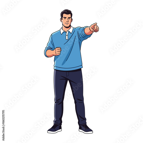 Directional Resolve: A determined man in a modern illustrated style confidently points forward, embodying resolve and purpose.