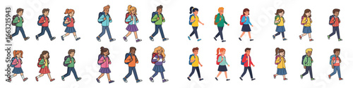 School Children Walking with Backpacks Set