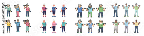 Senior People Exercising with Dumbbells Set