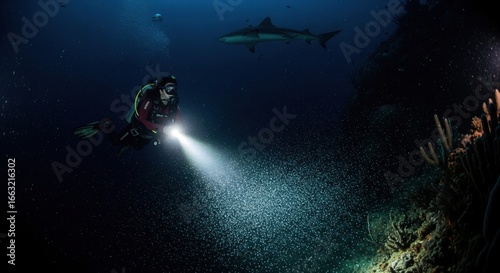 Diver observing shark underwater at night