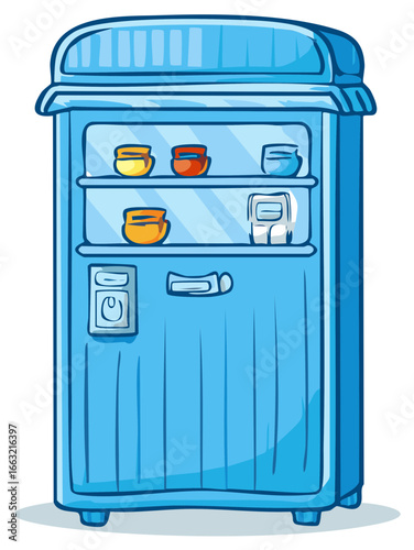 Blue Vending Machine Selling Snacks and Drinks Cartoon Illustration