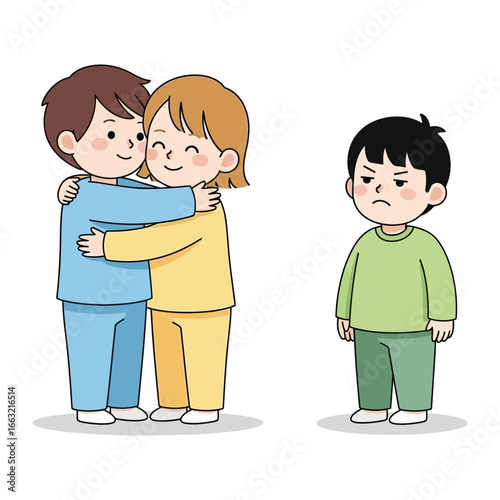 Illustration of Loneliness: A poignant cartoon captures the complex emotions of a child amidst the warmth of affection, illustrating the subtle nuances of loneliness, envy, and exclusion.