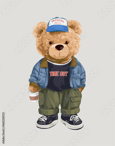 cute bear doll in denim jacket and cargo pant vector illustration