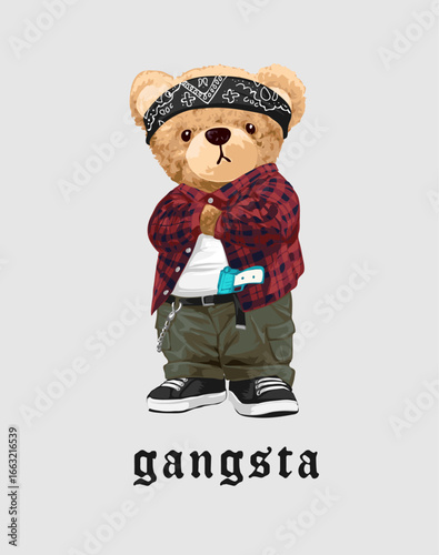 cool bear doll in plaid shirt and toy gun vector illustration