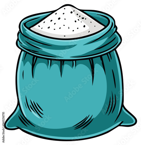 Open sack filled with granular white substance, cartoon illustration style drawing