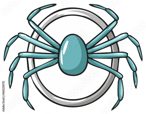 Cartoon blue spider with eight legs and gray ring behind, design element