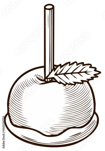 Delicious Candy Apple with a Leaf and Stick Engraving Style