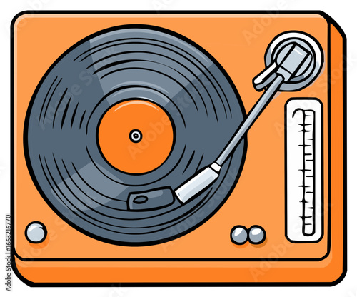 Retro Styled Orange Turntable with Vinyl Record. Concept of Vintage Music and Disc Jockey