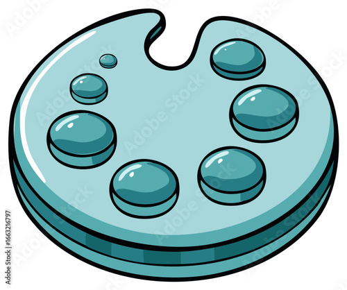 Artistic palette with teal paint blobs and thumb hole illustration