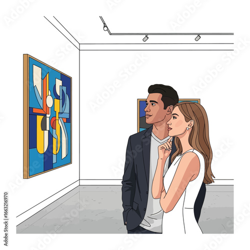 Art Appreciation: A couple is lost in thought, captivated by an abstract artwork, within a modern, minimalist gallery setting.