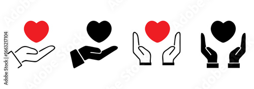 Heart in hand icons set. Hands holding heart icon. Love icon. Health, medicine symbol. Healthcare hands holding heart flat and line style - stock vector