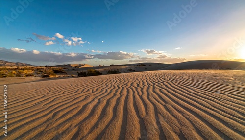 Golden Sunset Over Rippled Sand Dunes in a Vast Desert Landscape