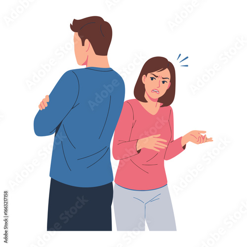 Relationship Disagreement: A couple engaged in a heated discussion, with a woman expressing frustration while the man stands with his back turned, depicting a moment of interpersonal conflict.