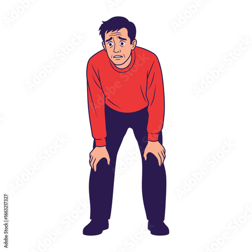Weariness and Worry: A downtrodden individual, head bowed with concern, his body language conveys a sense of dejection and unease, highlighting inner turmoil in this poignant cartoon.