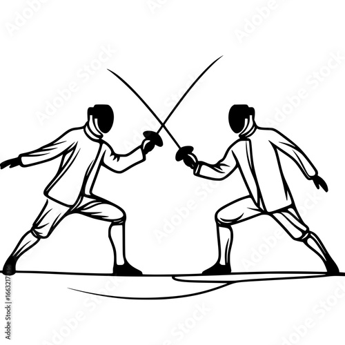 Two fencers sparring in a single line contour vector style  