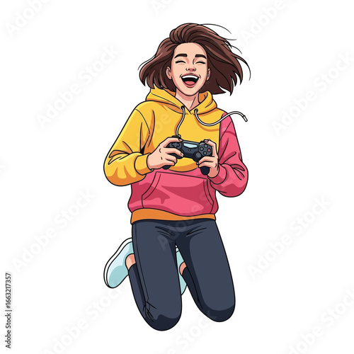 Enthusiastic Gamer Girl: A young woman is engulfed in the thrill of gaming, shown with joyful expression while holding a gamepad controller. Capturing the energy and excitement