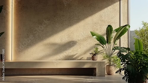 Serene indoor ambiance featuring natural light, stucco wall, and greenery decorations