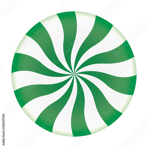 Sweet striped green round peppermint candy caramel without wrapper. Design element for patisserie, dessert, web, app, Christmas, New year, holiday. Vector illustration isolated on white background.