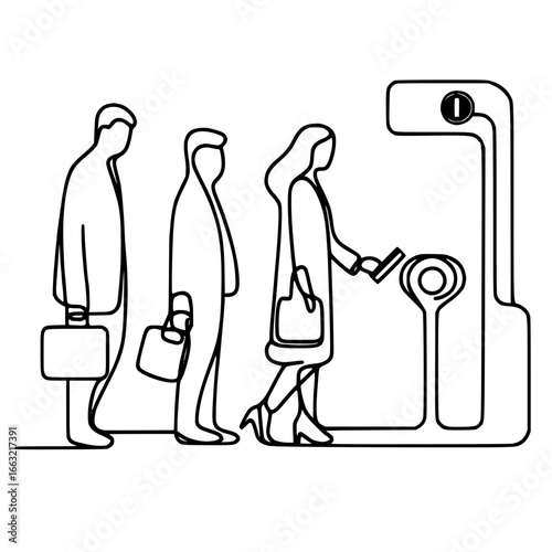 People commuting in line with bags at automated ticket machine - Concept of single line contour vector  