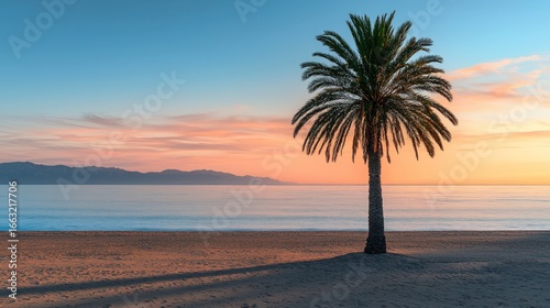 A single palm tree silhouetted against a vibrant sunset, casting a long shadow on a golden sandy beach, with the ocean's calm waters  