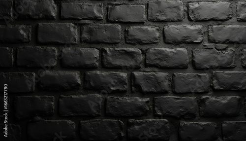 Asymmetrical black painted brick wall texture background with a dark vignette
