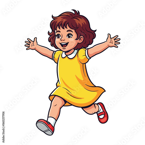 Joyful Kid's Run: A spirited and cheerful girl, joyfully running with open arms. Illustrated and rendered with delightful cartoon aesthetics, capturing a moment of pure, innocent joy.
