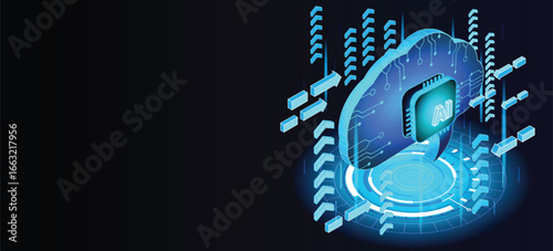 AI Artificial Intelligence brain technology futuristic digital Isometric vector illustration copyspace