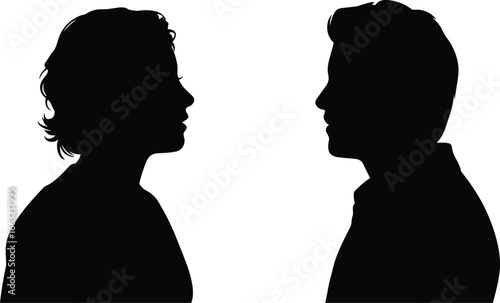 Silhouette man and woman face to face, profile view, couple conversation, human communication, relationship concept, talking people, social interaction, discussion