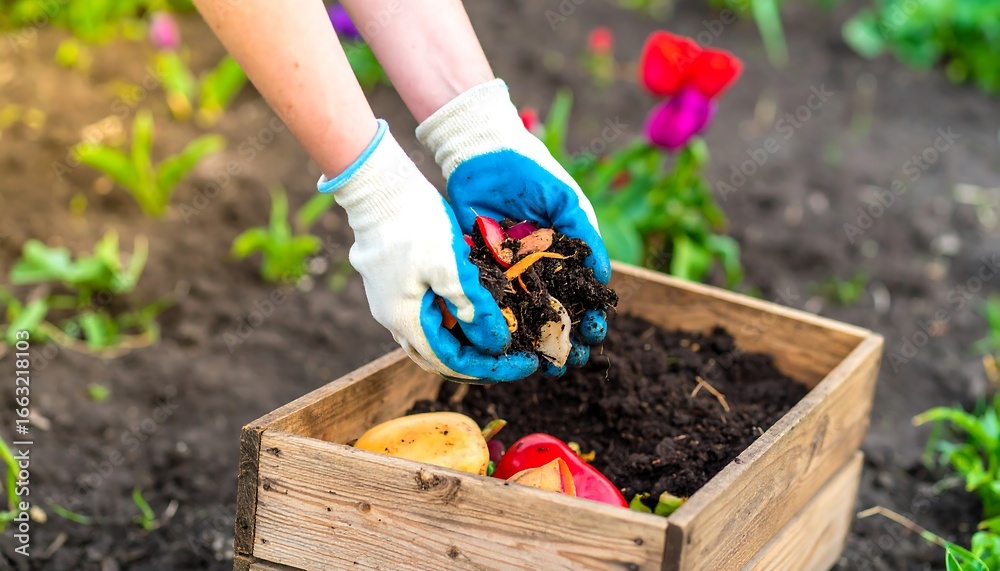 Naklejka premium Hands in gloves adding compost to a wooden box