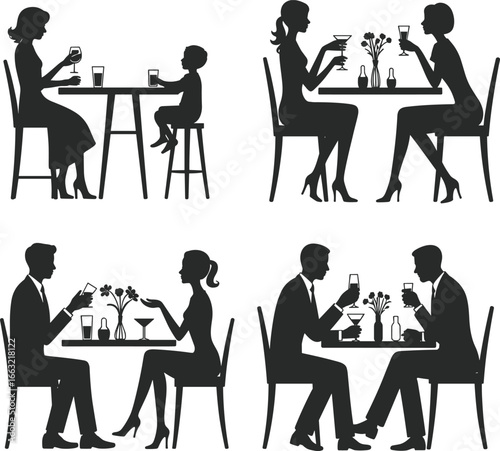 Silhouette people dining, couple dinner date, family restaurant scene, friends drinking wine, romantic conversation, social interaction, evening lifestyle, elegant sitting posture, celebration