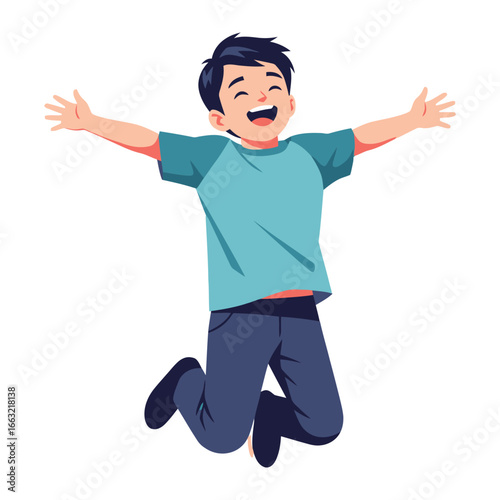 Joyful Leap: A cartoon illustration of a young boy experiencing pure delight, captured mid-air with arms outstretched, showcasing youthful exuberance and carefree abandon.