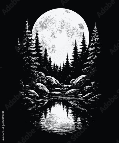 Black and white nighttime line drawing with a full moon illuminating tall trees reflected in a calm river moody, serene nocturnal landscape.