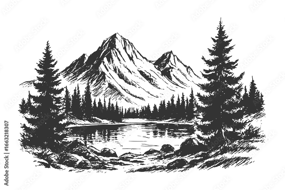 Fototapeta premium Black and white line drawing of pine trees framing a calm lake that reflects mountains and treeline serene reflective landscape.