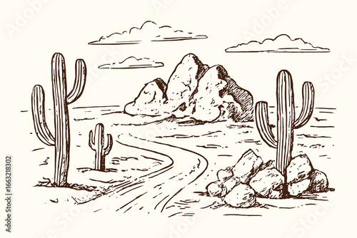 Black and white desert line illustration with cacti, rocky outcrops and a winding dirt road leading toward distant mountains and clouds.