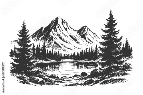 Black and white line drawing of pine trees framing a calm lake that reflects mountains and treeline serene reflective landscape.