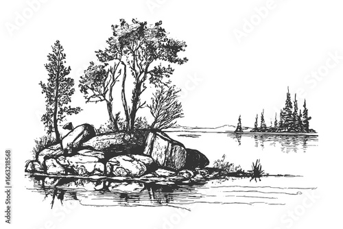 Black and white line art of a calm lakeside with pine trees, rocky shore and a distant lighthouse reflected in still water.