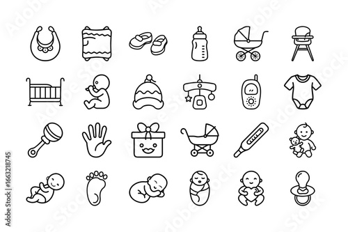 Newborn Baby Vector Icon Set. Baby Items, Maternity, Parenting, Infant Accessories, Baby Gear, Nursery, Gifts, Baby Care, and More. Editable Stroke. Vector Illustration.