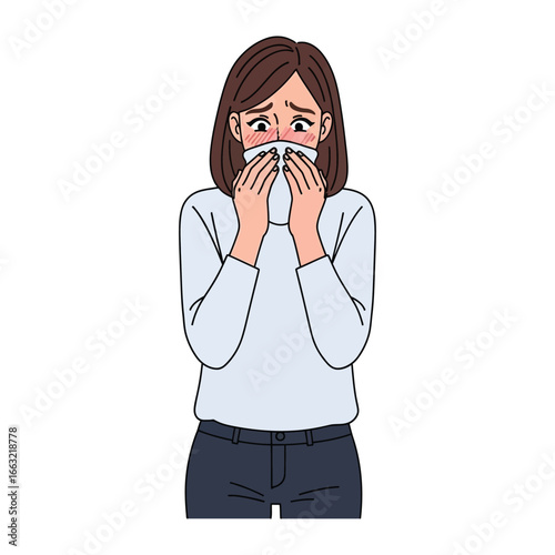 Health Concerns: A digital rendering portraying a woman caught in a moment of illness. She clutches a tissue to her nose, a subtle portrayal of vulnerability. 