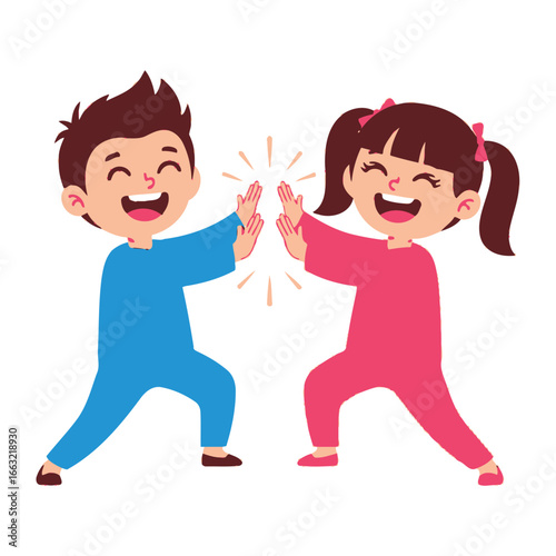 Joyful High-Five: Two young kids, brimming with happiness, share a vibrant high-five, capturing the essence of friendship and celebration.