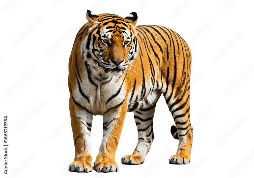 Fototapeta premium Tiger standing and looking down isolated on transparent background